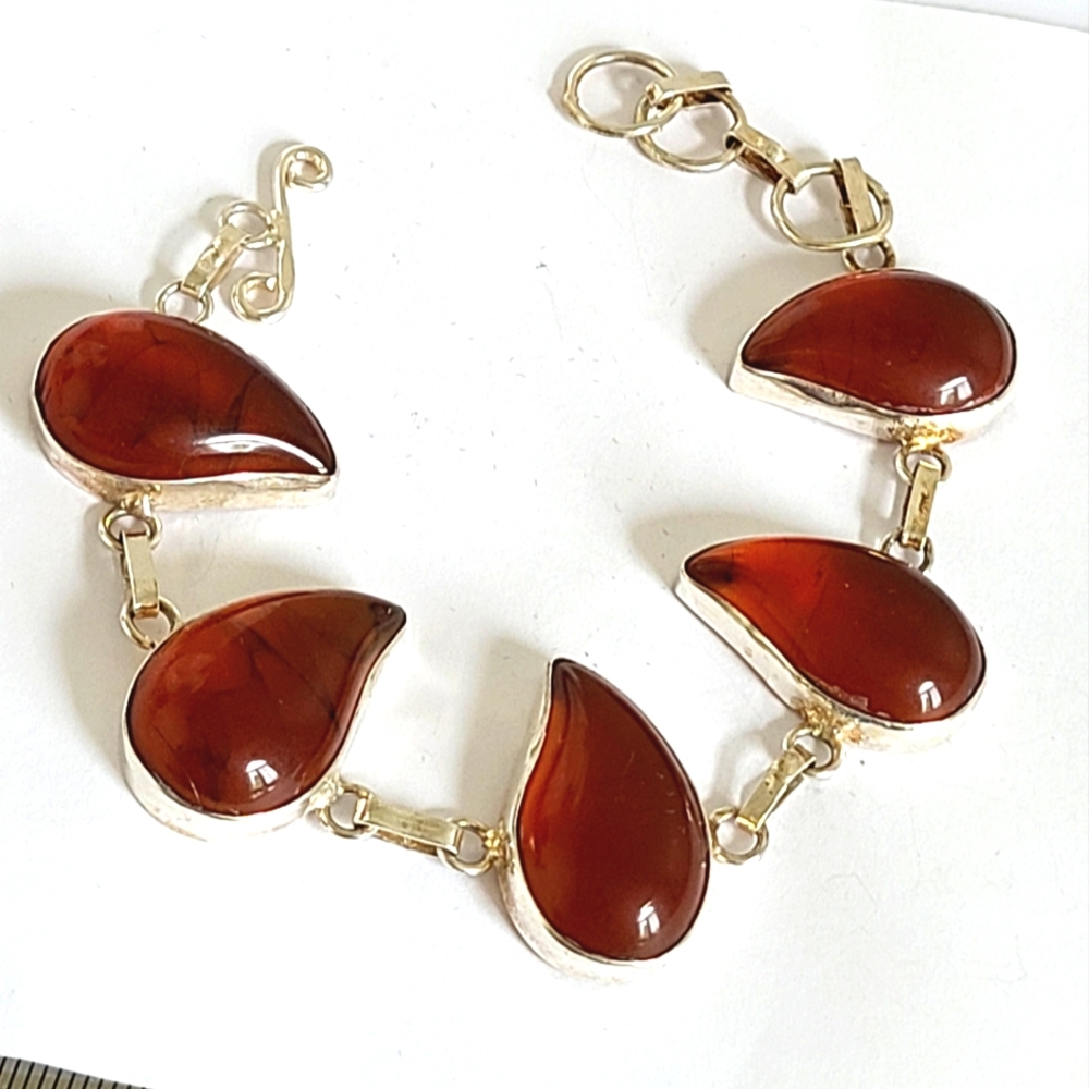 Vintage Boho Chunky Orange Amber Gemstone Sterling Silver Chain Link Bracelet